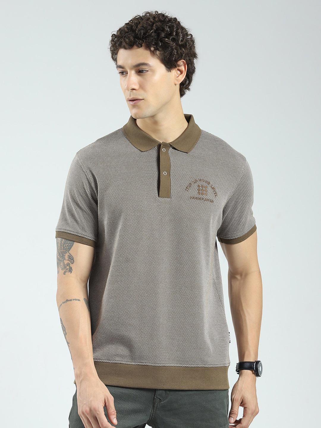 Rock.it Men Green Self Design Collar Half Sleeve T-Shirt