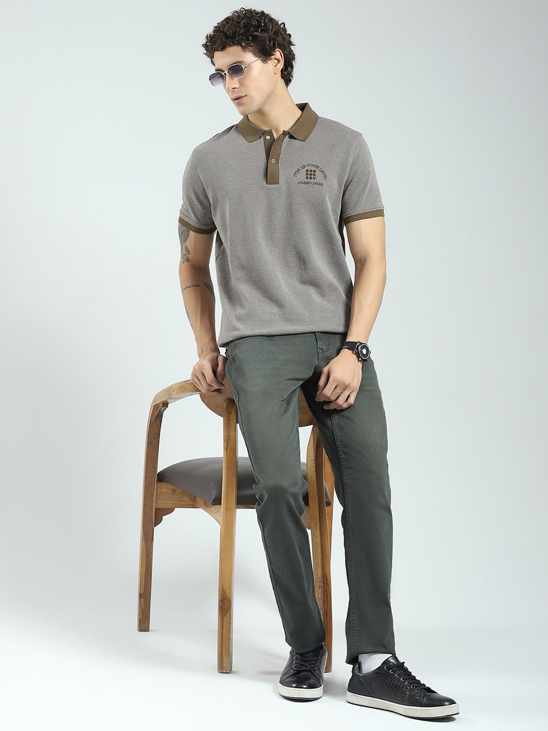 Rock.it Men Green Self Design Collar Half Sleeve T-Shirt