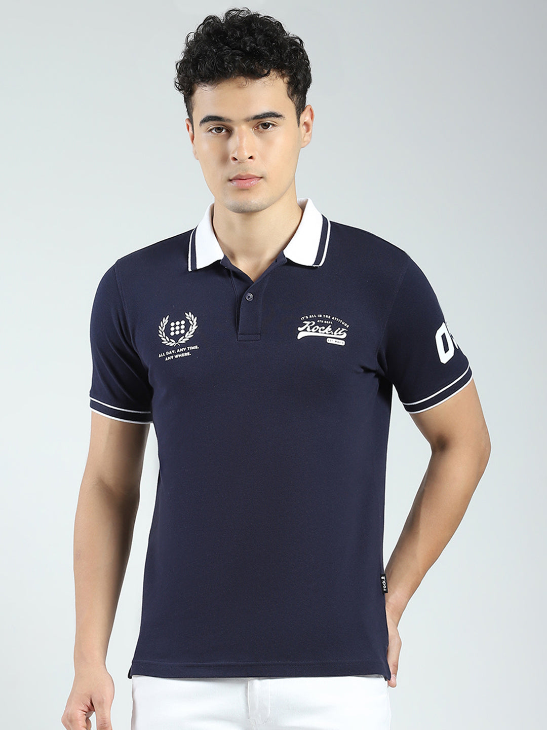 Rock.it Men Navy Blue Printed Collar Half Sleeve T-Shirt