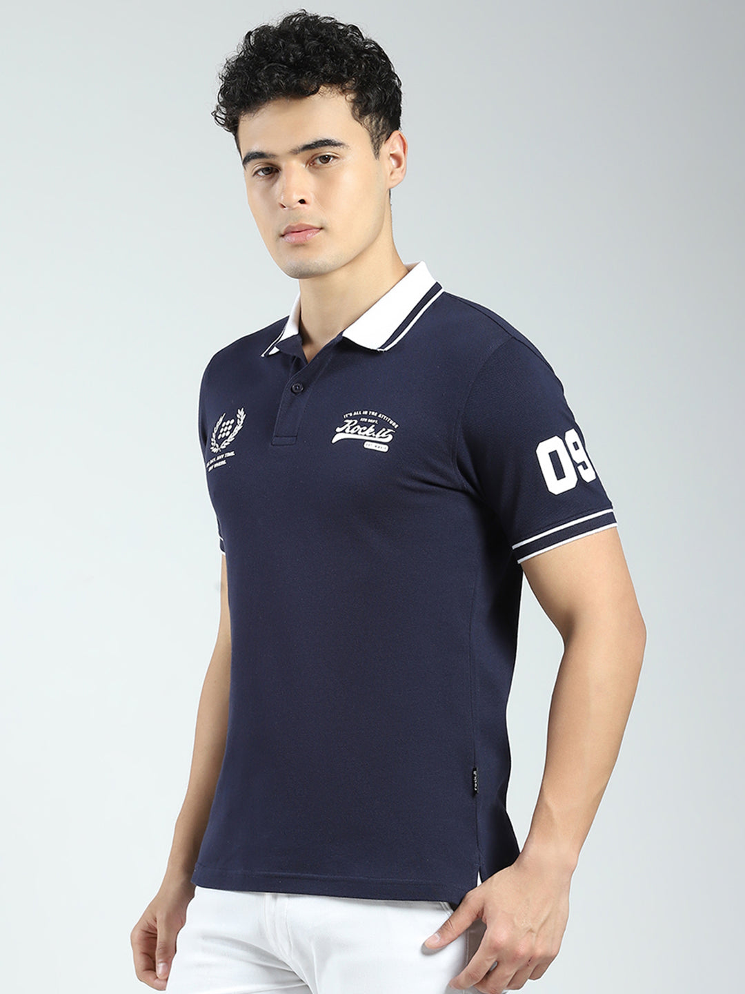 Rock.it Men Navy Blue Printed Collar Half Sleeve T-Shirt