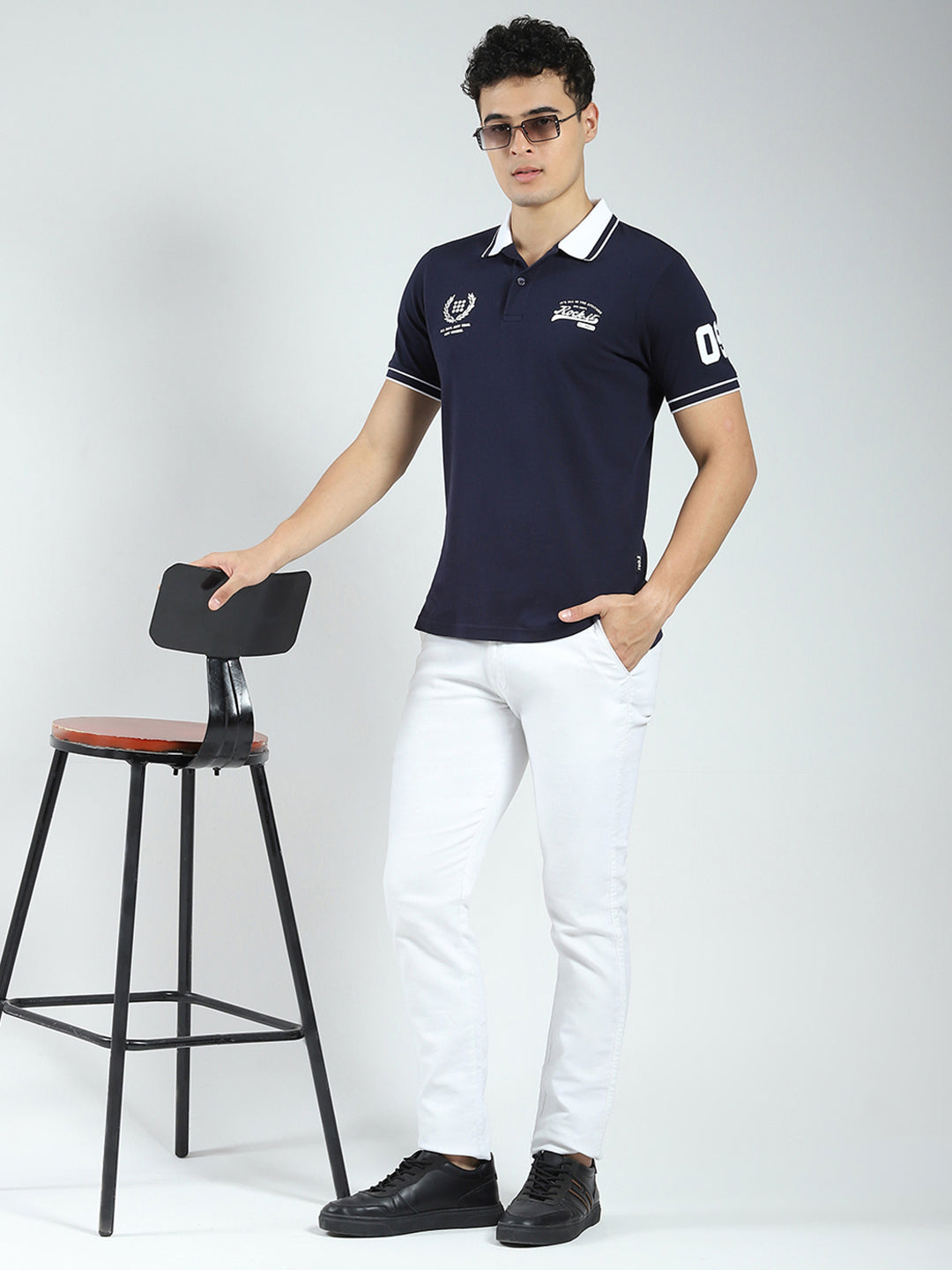 Rock.it Men Navy Blue Printed Collar Half Sleeve T-Shirt