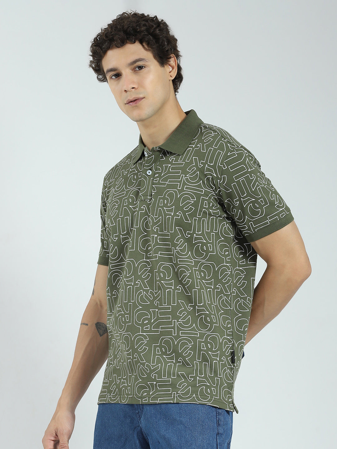 Rock.it Men Olive Printed Collar Half Sleeve T-Shirt