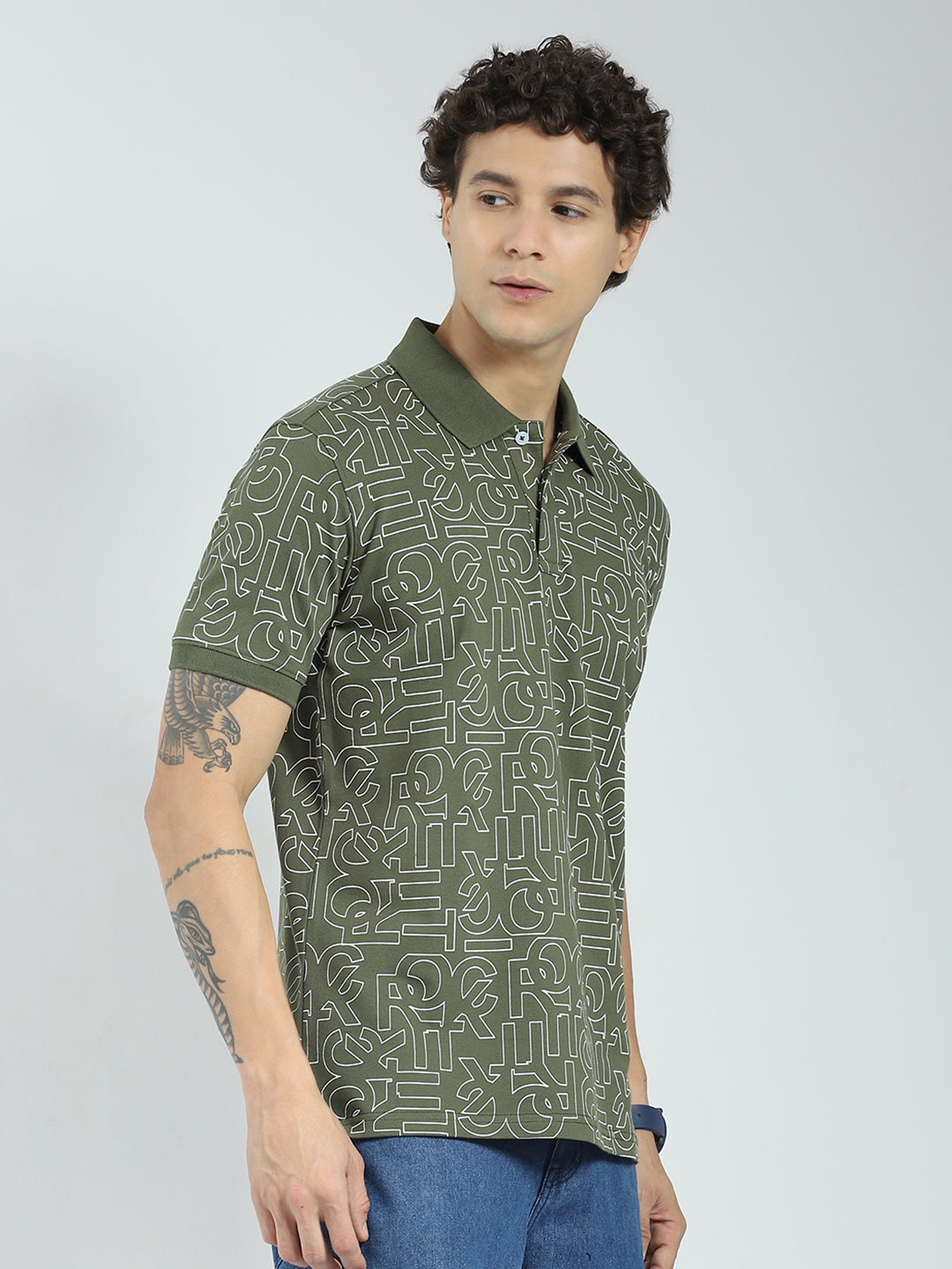 Rock.it Men Olive Printed Collar Half Sleeve T-Shirt