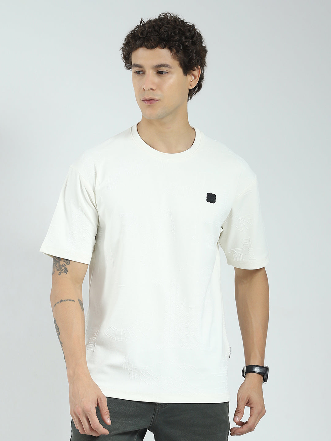 Rock.it Men Off White Self Design Round Neck Half Sleeve T-Shirt