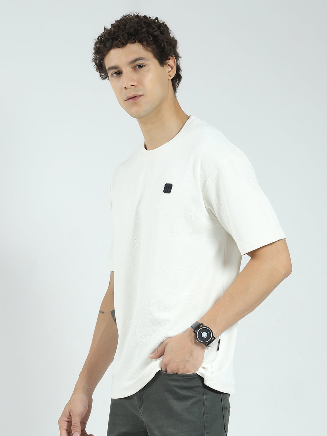 Rock.it Men Off White Self Design Round Neck Half Sleeve T-Shirt