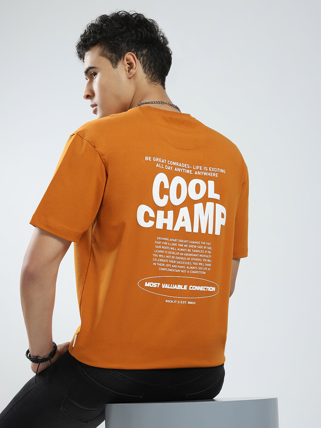 Rock.it Men Mustard Printed Round Neck Half Sleeve T-Shirt