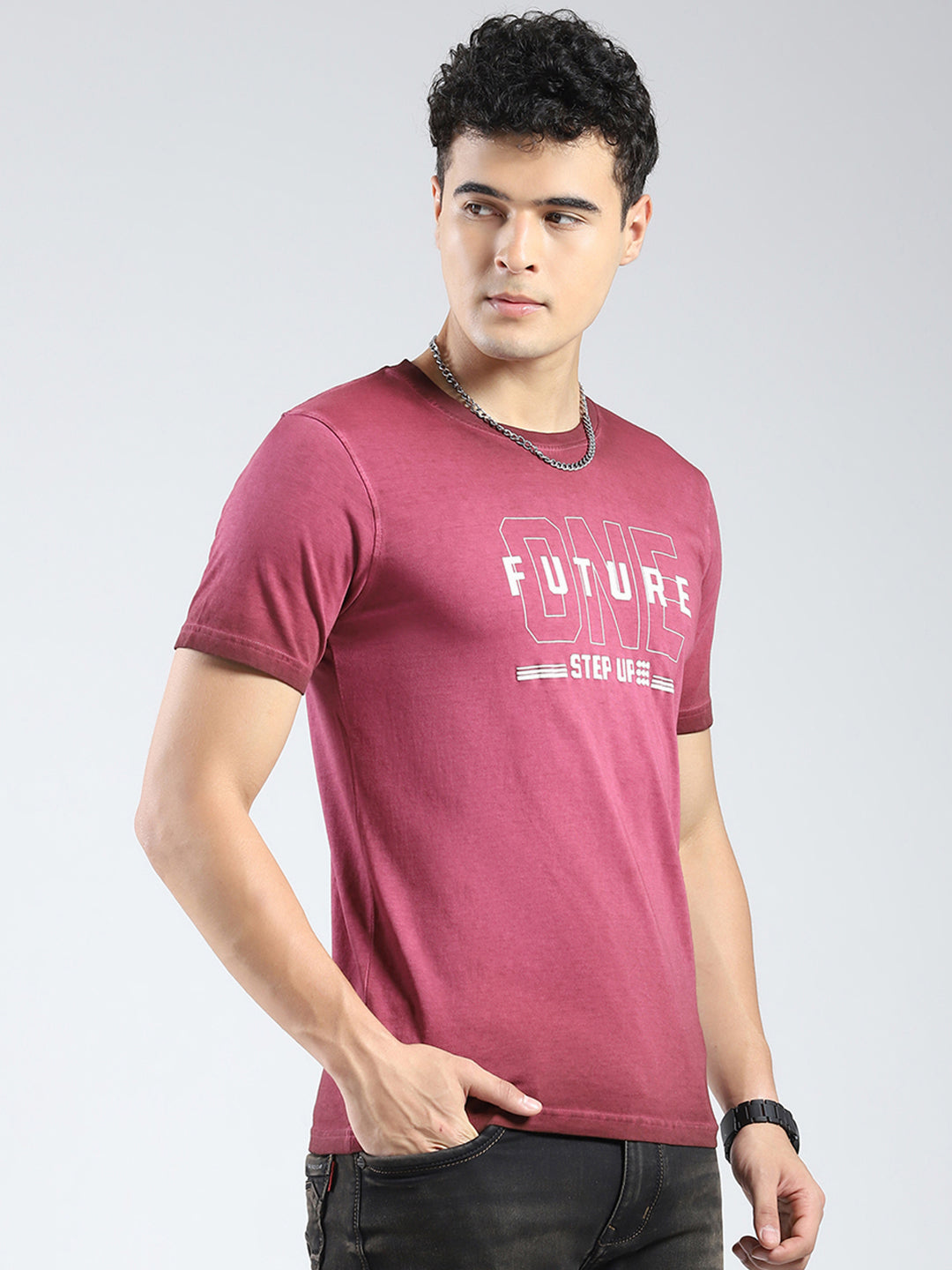 Rock.it Men Burgundy Printed Round Neck Half Sleeve T-Shirt