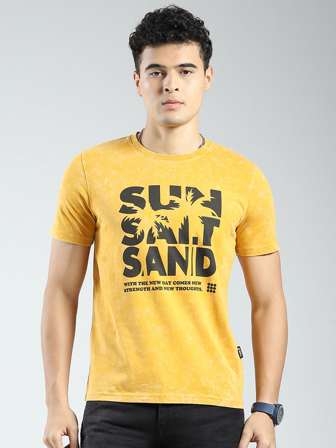 Rock.it Men Mustard Printed Round Neck Half Sleeve T-Shirt