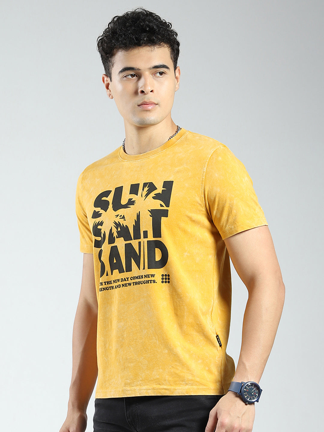 Rock.it Men Mustard Printed Round Neck Half Sleeve T-Shirt