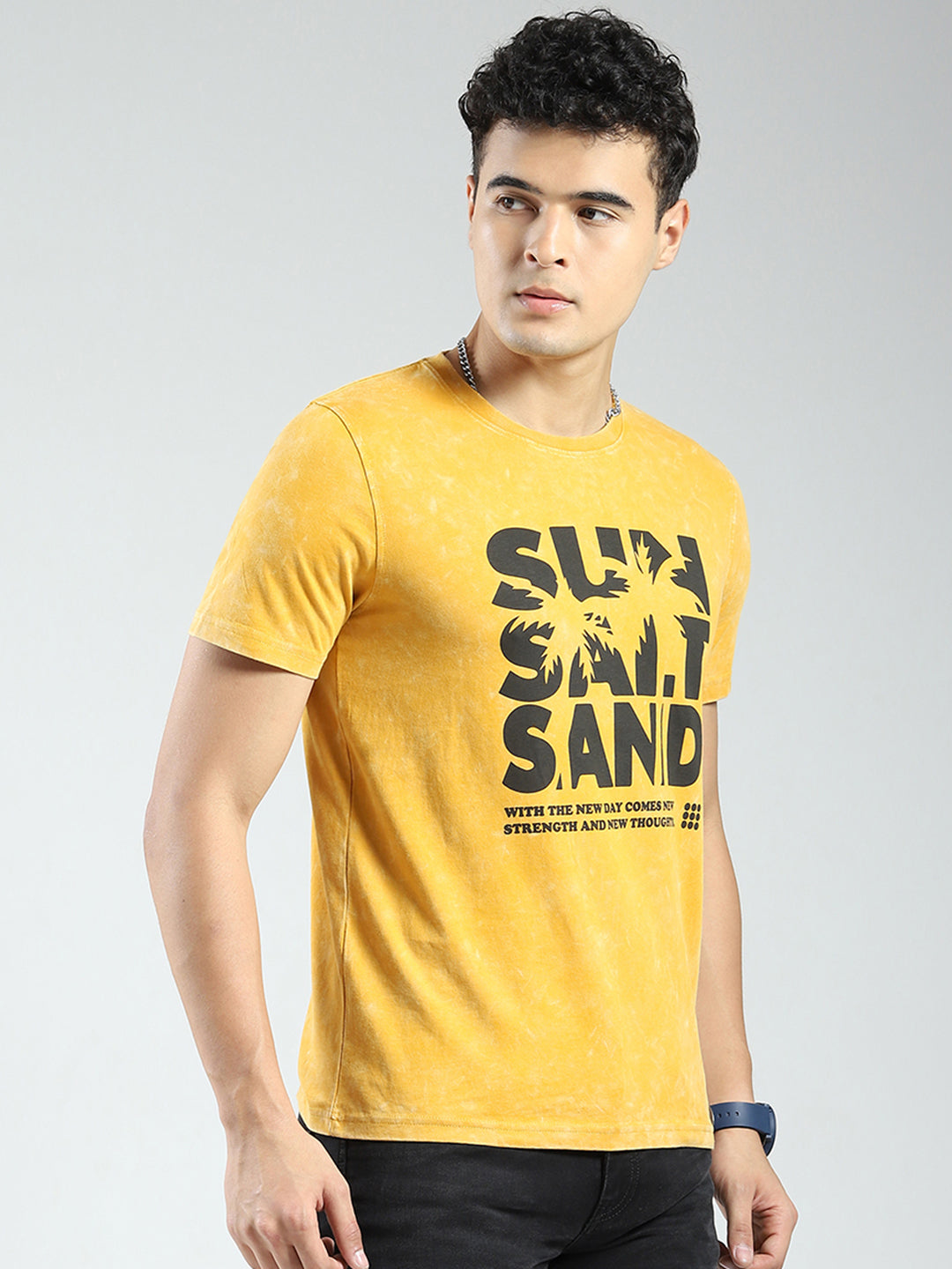Rock.it Men Mustard Printed Round Neck Half Sleeve T-Shirt