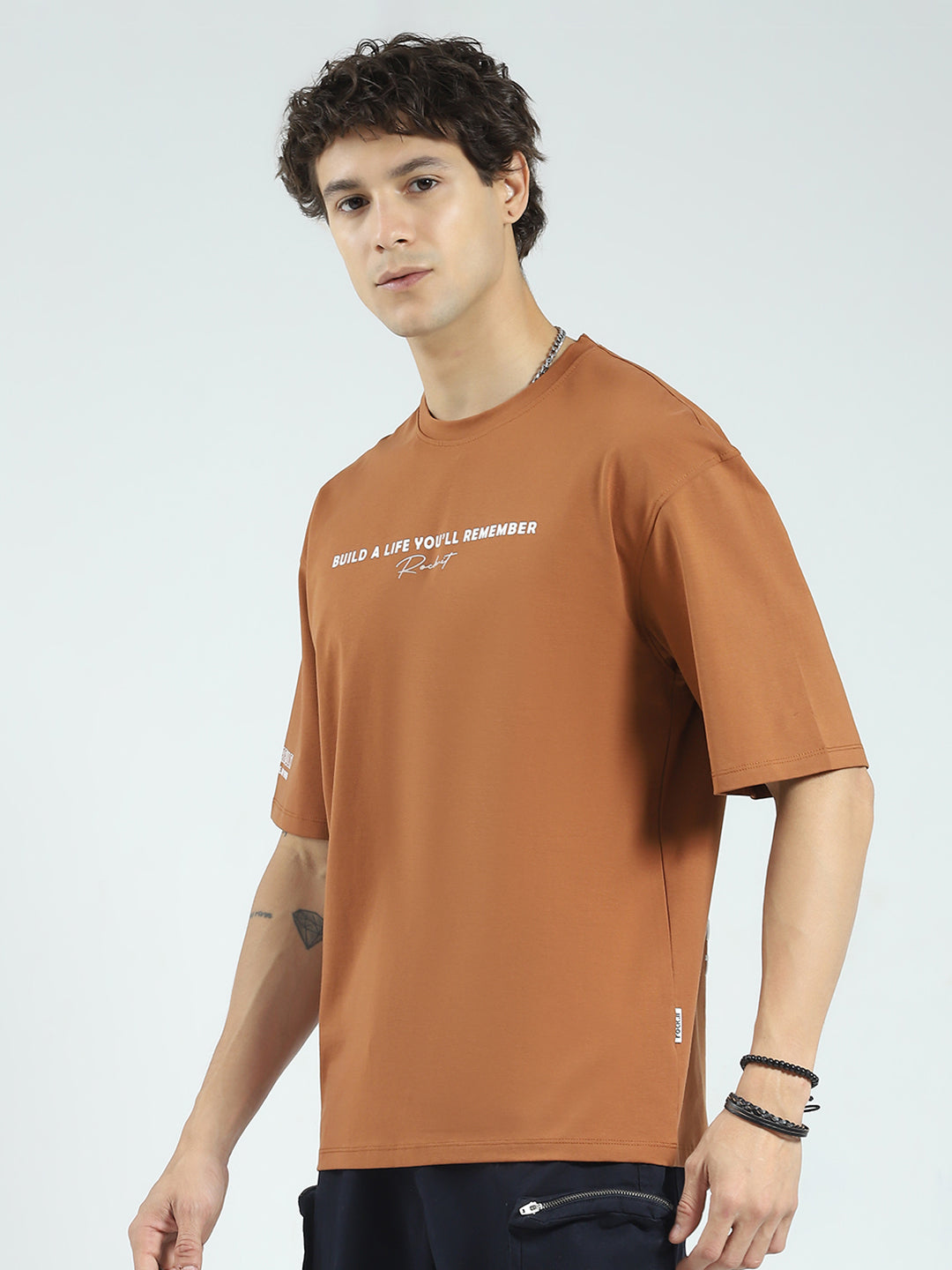 Rock.it Men Camel Brown Printed Round Neck Half Sleeve T-Shirt