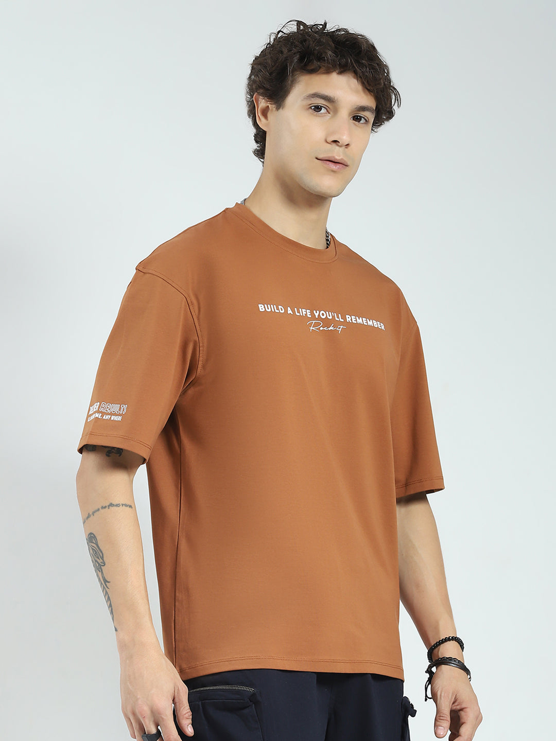 Rock.it Men Camel Brown Printed Round Neck Half Sleeve T-Shirt