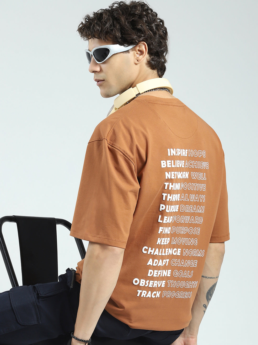 Rock.it Men Camel Brown Printed Round Neck Half Sleeve T-Shirt