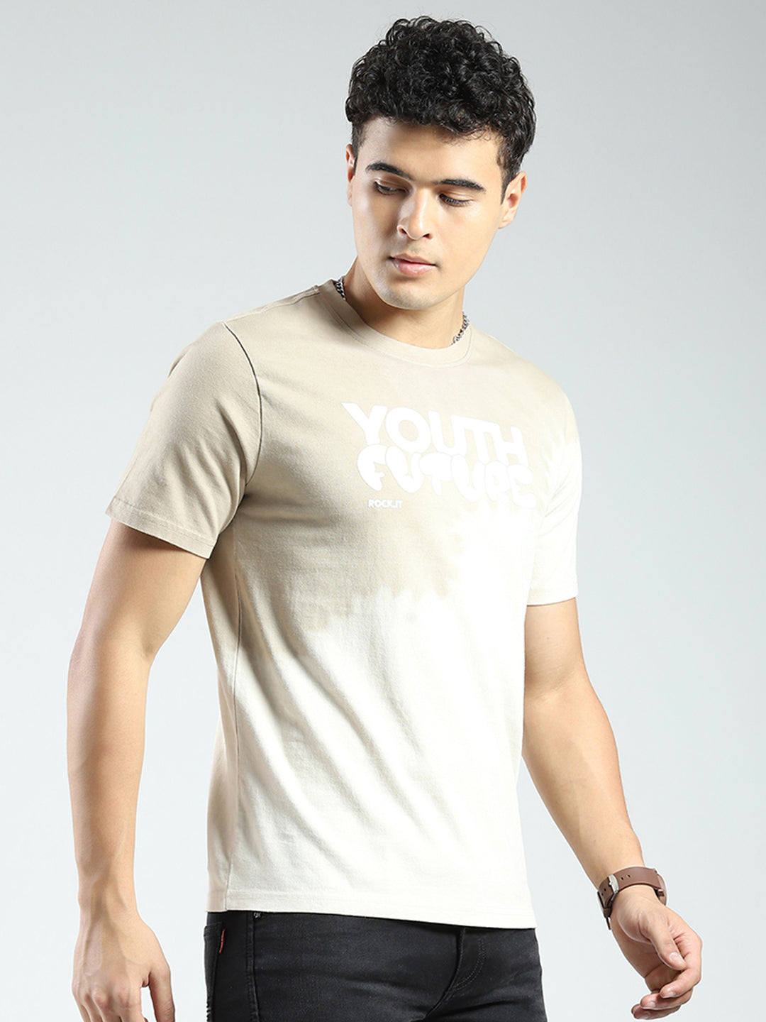 Rock.it Men Beige Printed Round Neck Half Sleeve T-Shirt