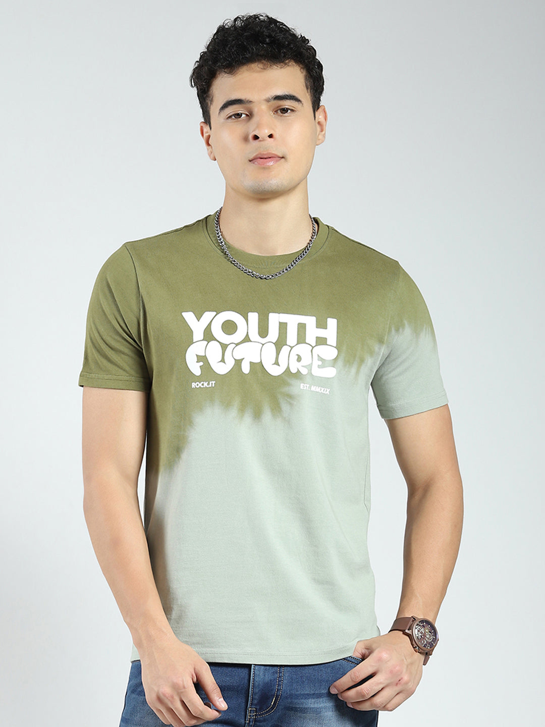 Rock.it Men Green Printed Round Neck Half Sleeve T-Shirt