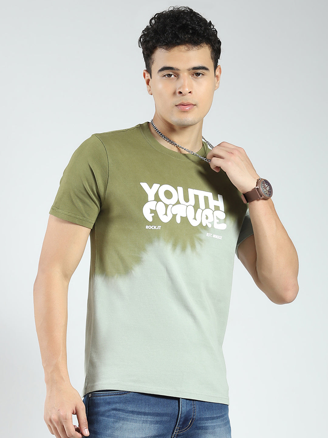 Rock.it Men Green Printed Round Neck Half Sleeve T-Shirt