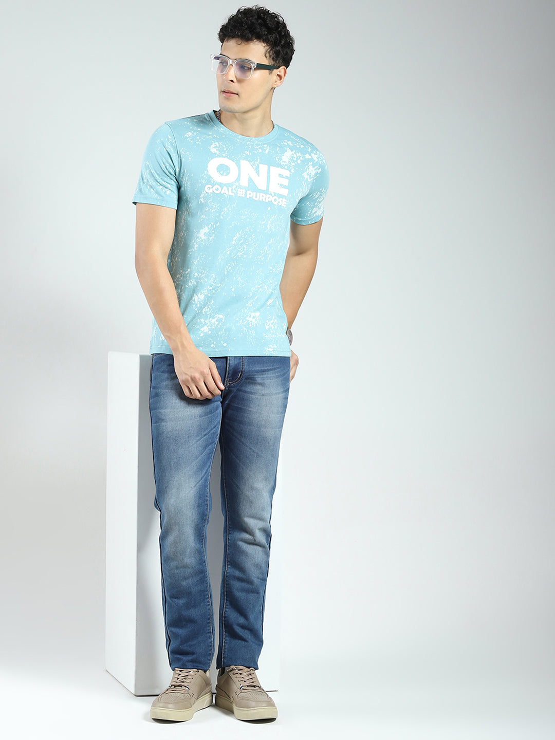 Rock.it Men Blue Printed Round Neck Half Sleeve T-Shirt