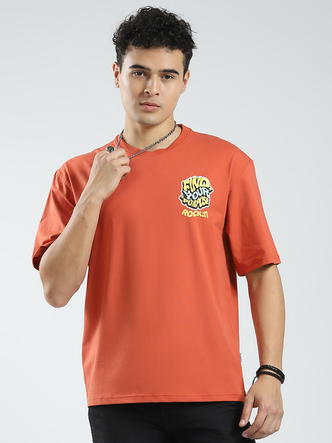 Rock.it Men Rust Printed Round Neck Half Sleeve T-Shirt
