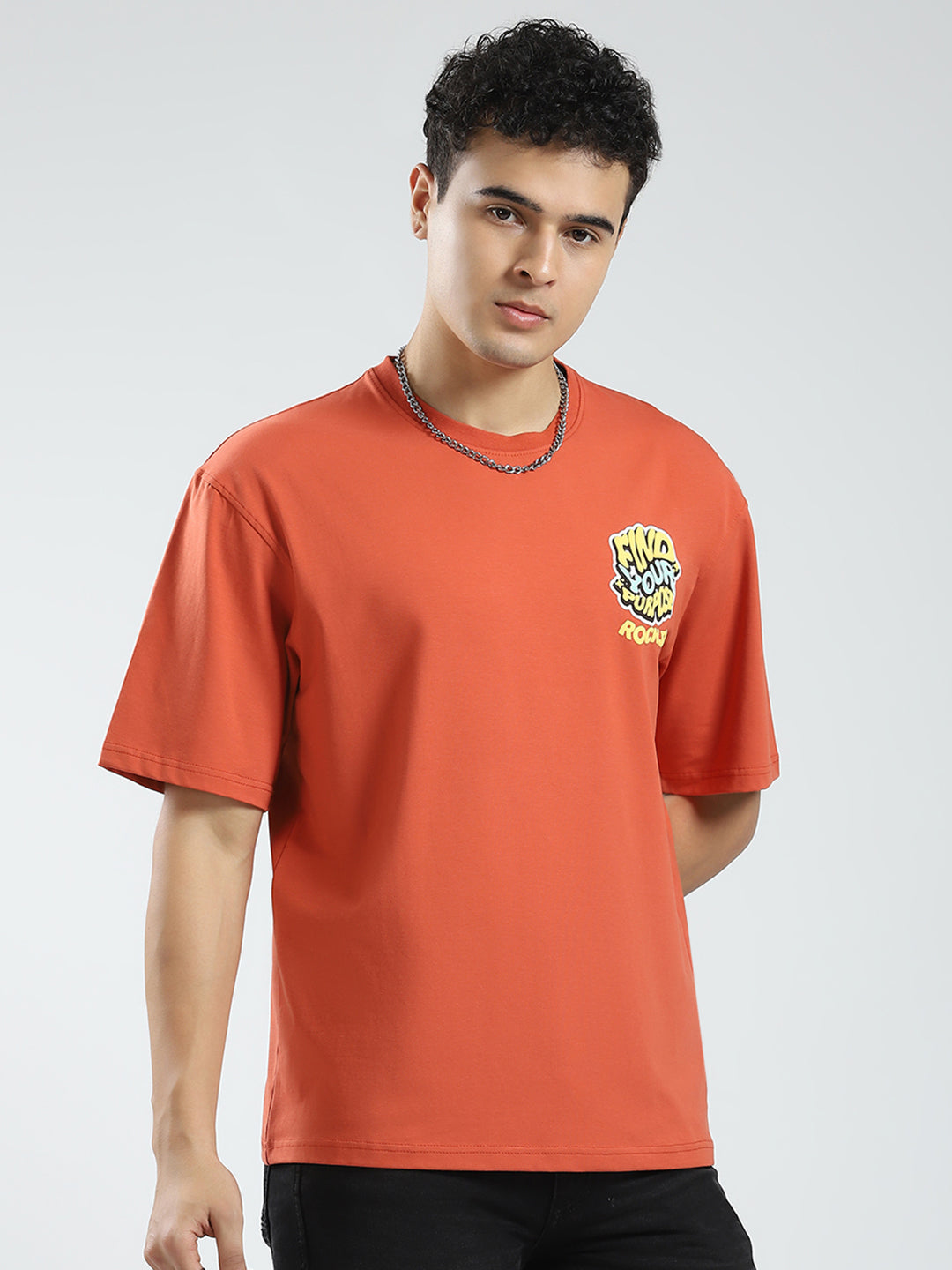 Rock.it Men Rust Printed Round Neck Half Sleeve T-Shirt