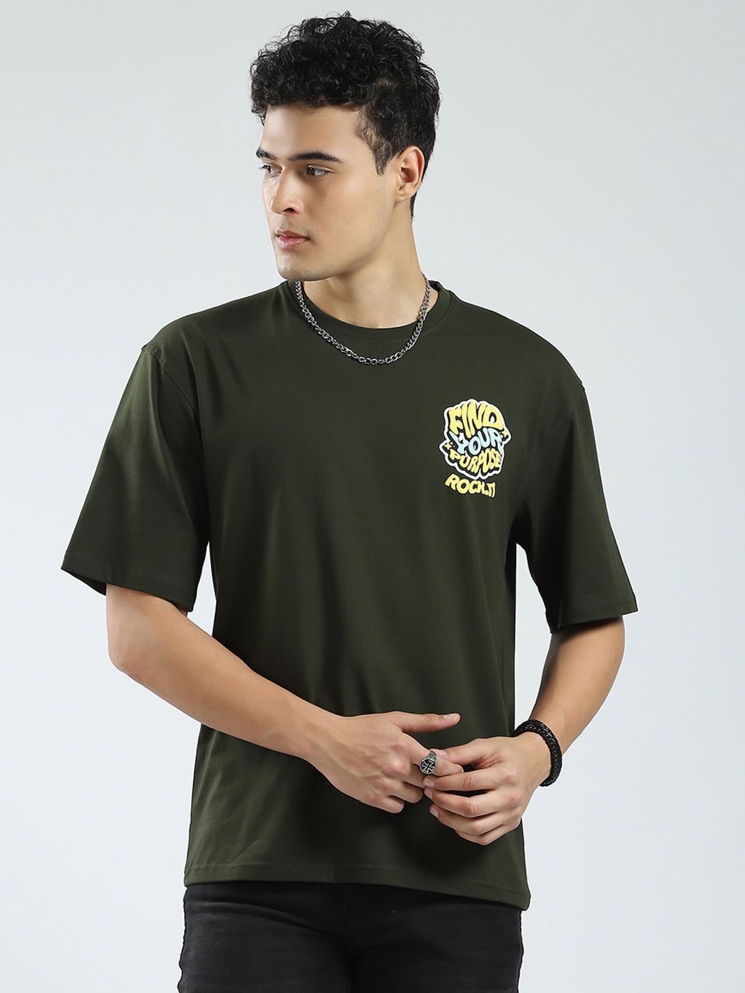 Rock.it Men Olive Printed Round Neck Half Sleeve T-Shirt