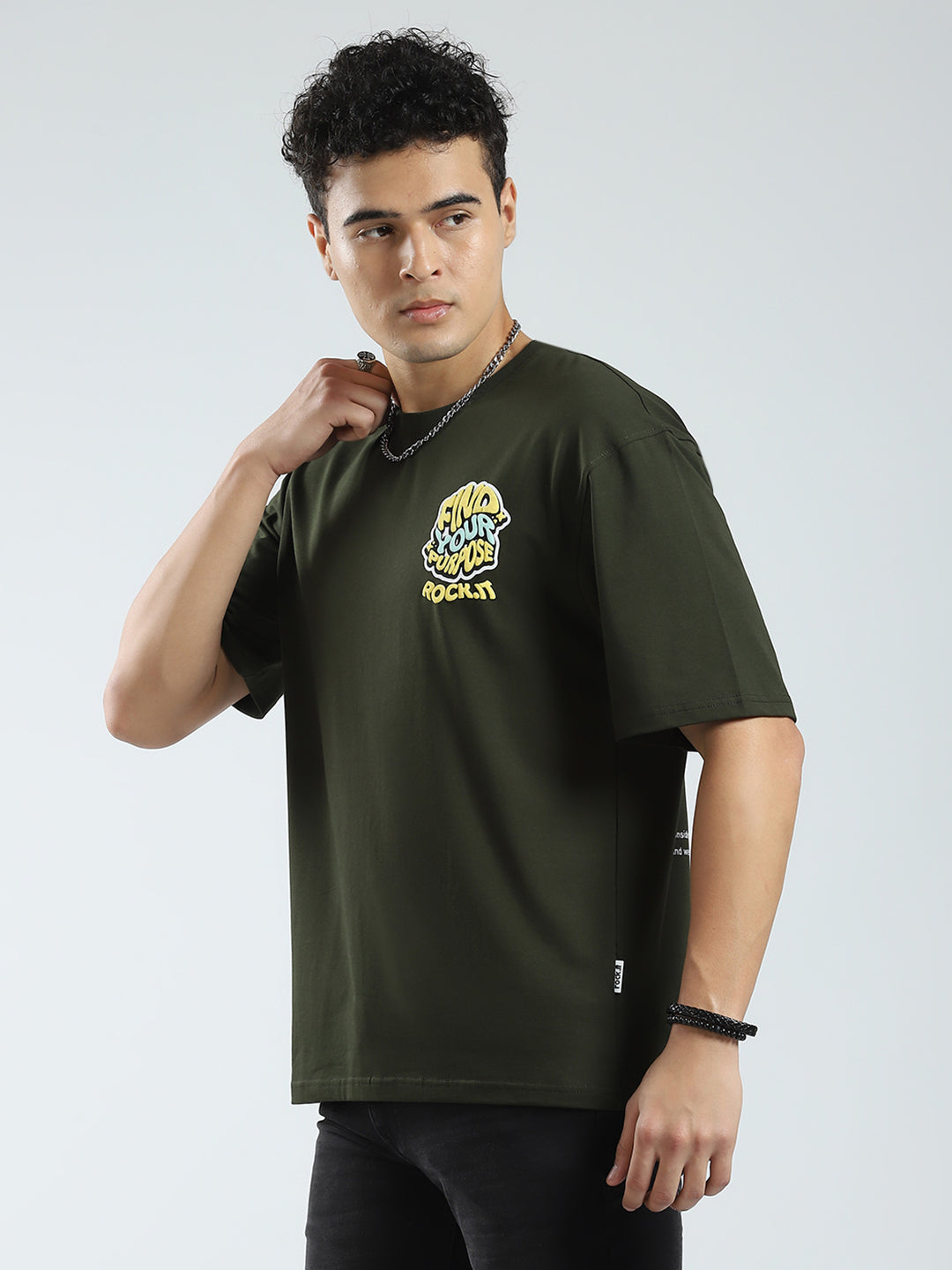 Rock.it Men Olive Printed Round Neck Half Sleeve T-Shirt