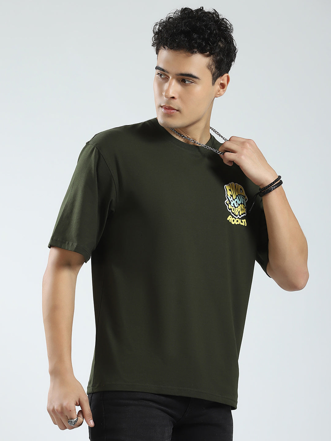 Rock.it Men Olive Printed Round Neck Half Sleeve T-Shirt