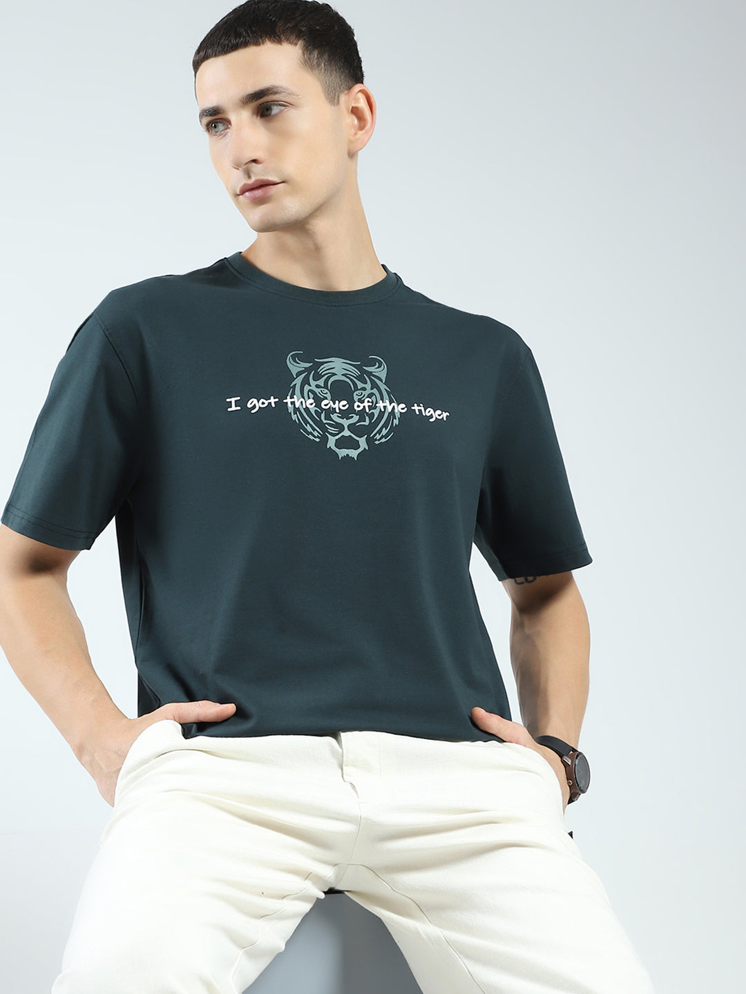 Rock.it Men Green Printed Round Neck Half Sleeve T-Shirt