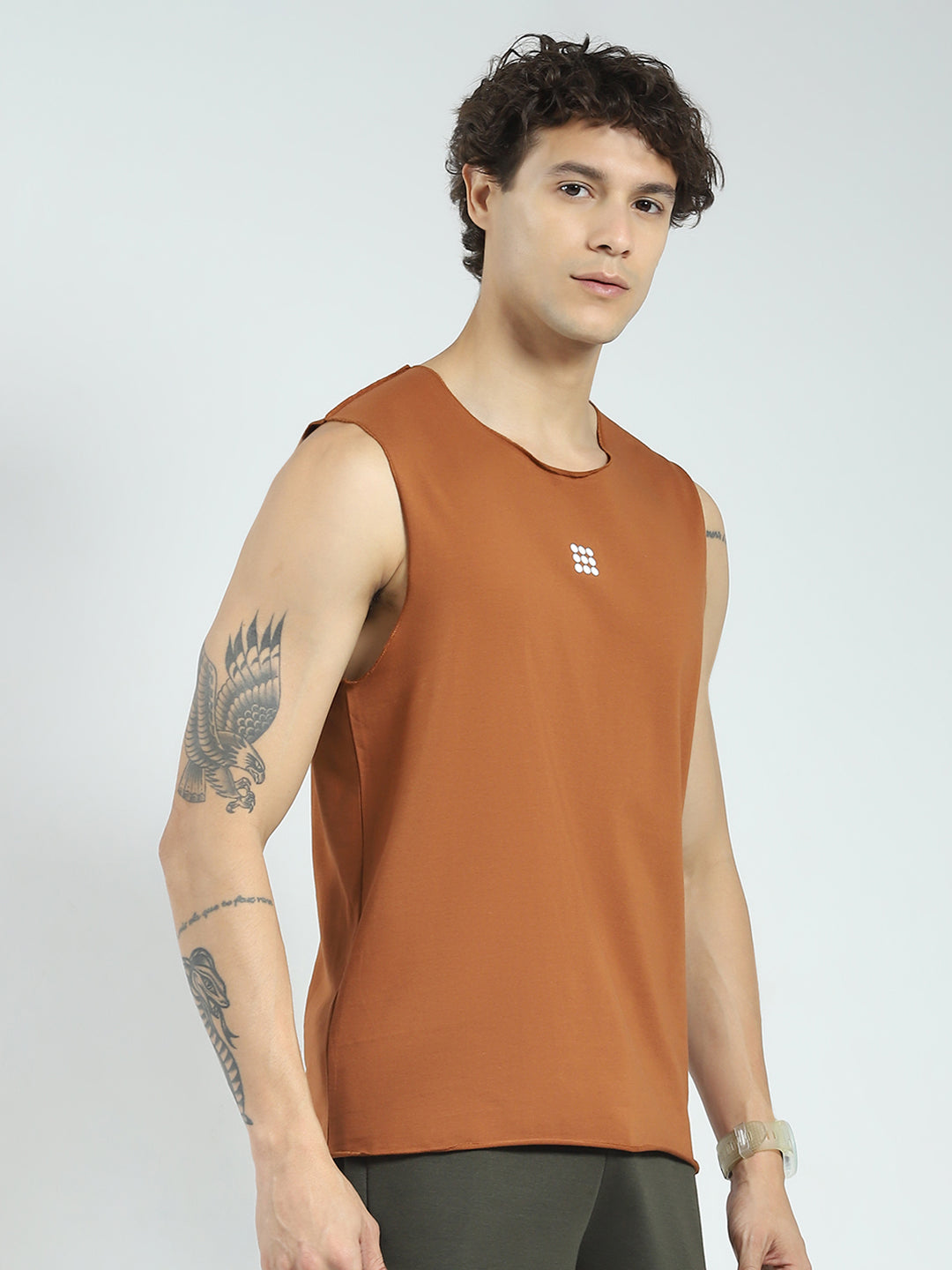 Rock.it Men Rust Solid Round Neck Sleeveless T-Shirt