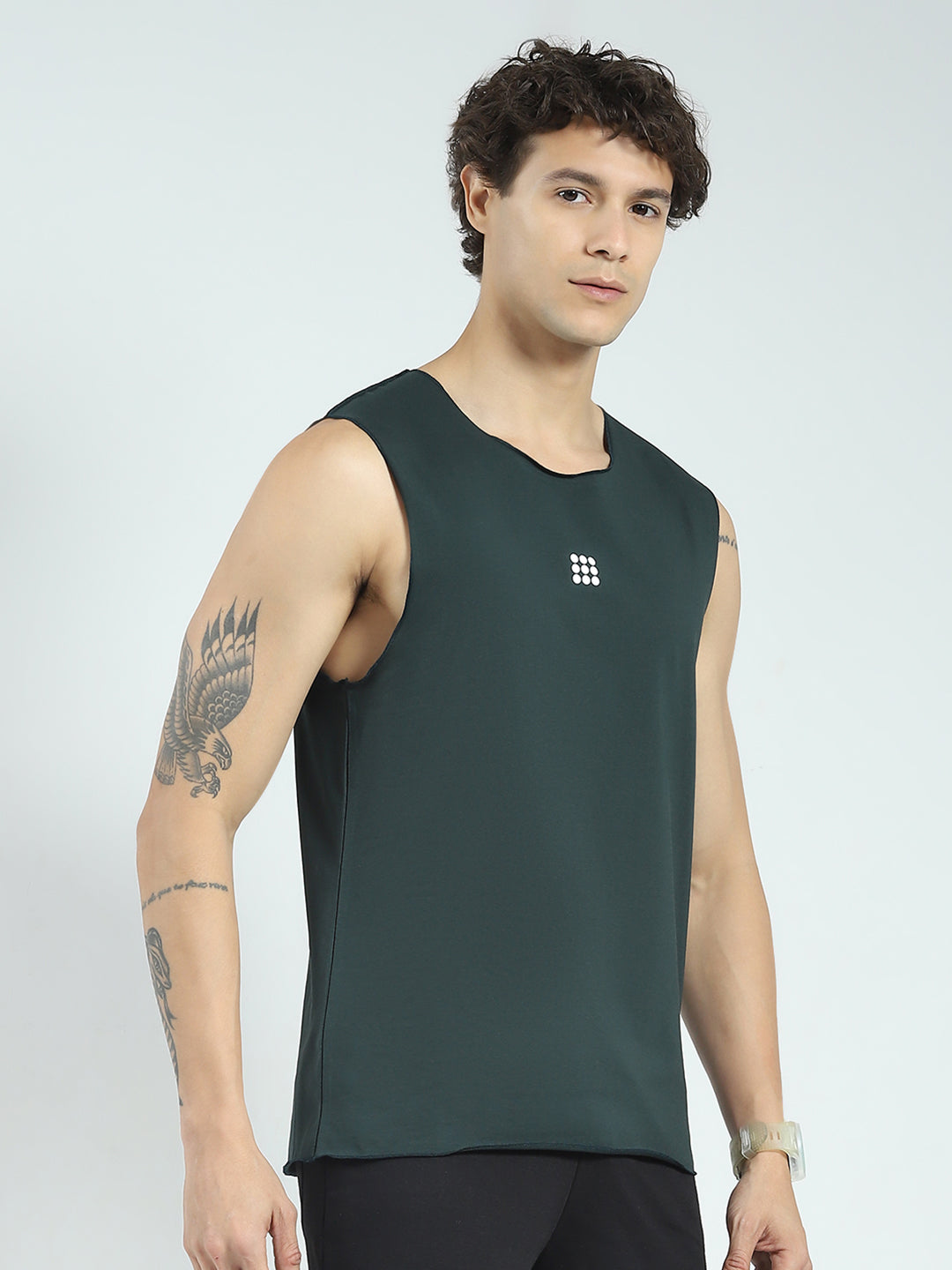 Rock.it Men Olive Solid Round Neck Sleeveless T-Shirt