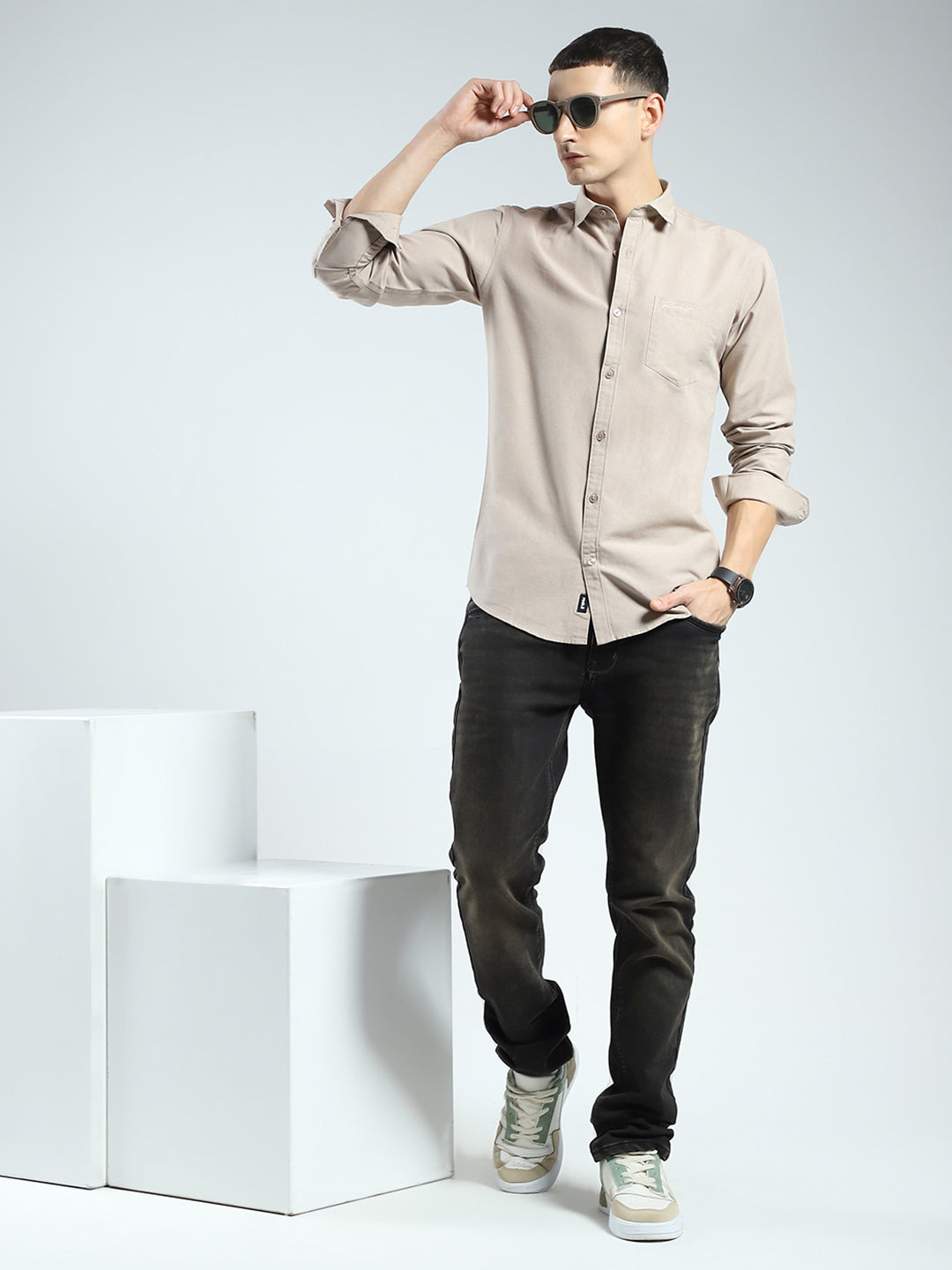 Rock.it Men Beige Solid Collar Full Sleeve Shirt