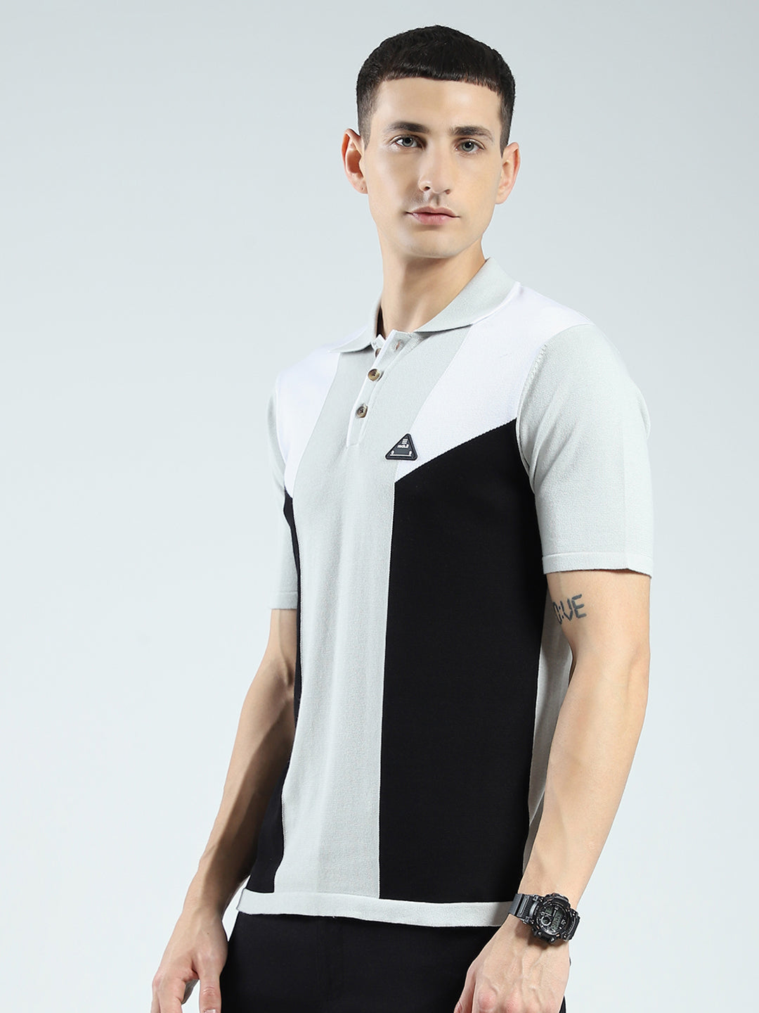 Rock.it Men Grey Self Design Collar Half Sleeve T-Shirt