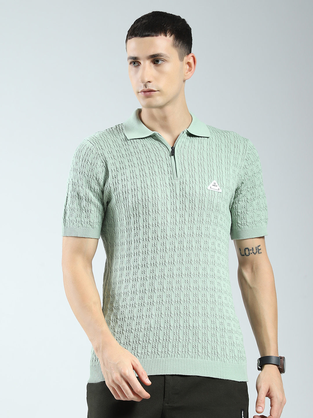 Rock.it Men Green Self Design Collar Half Sleeve T-Shirt