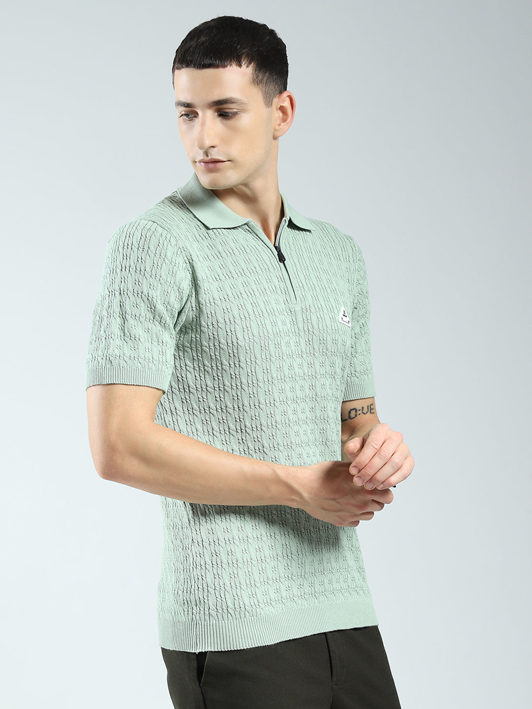 Rock.it Men Green Self Design Collar Half Sleeve T-Shirt