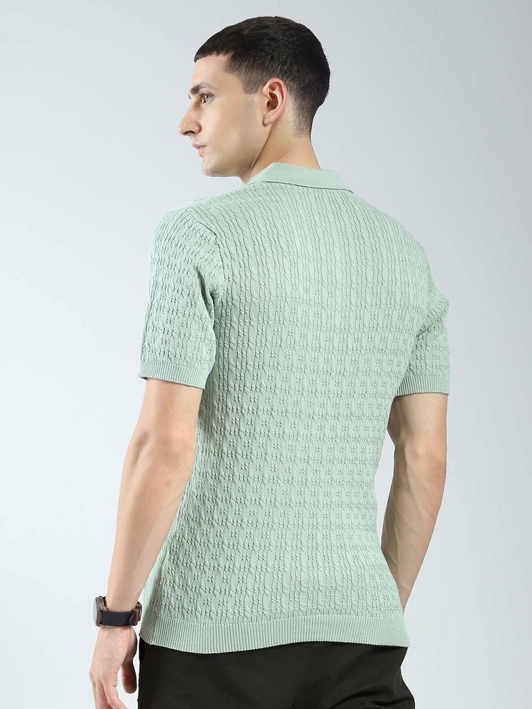 Rock.it Men Green Self Design Collar Half Sleeve T-Shirt