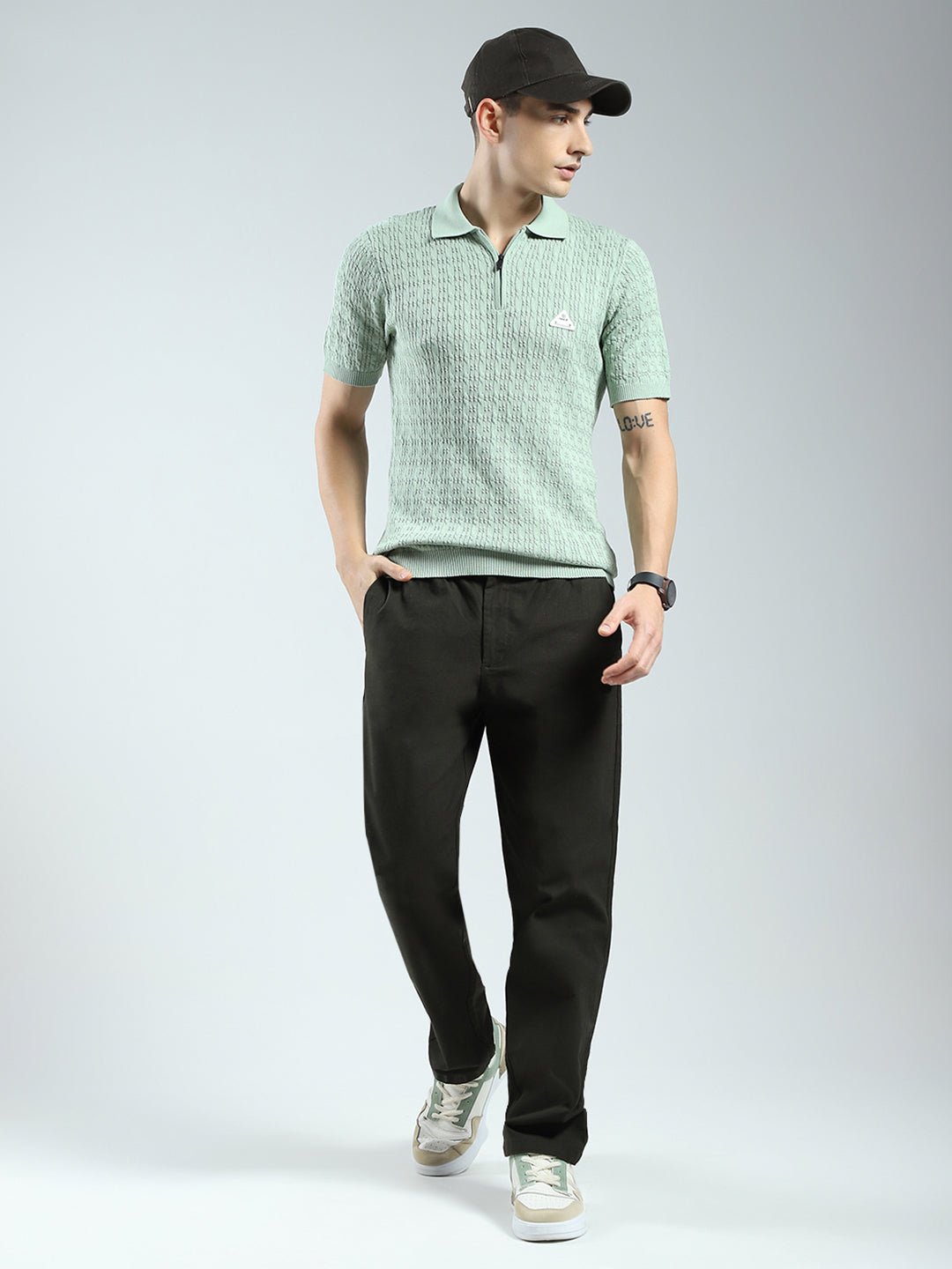 Rock.it Men Green Self Design Collar Half Sleeve T-Shirt