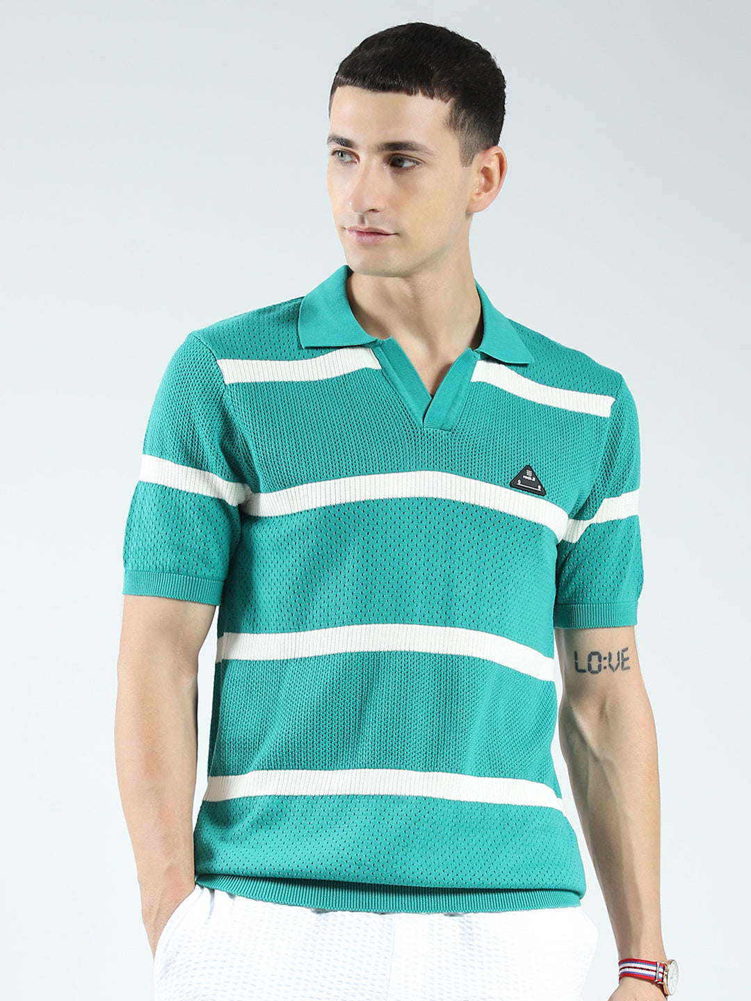 Rock.it Men Green Stripe Collar Half Sleeve T-Shirt