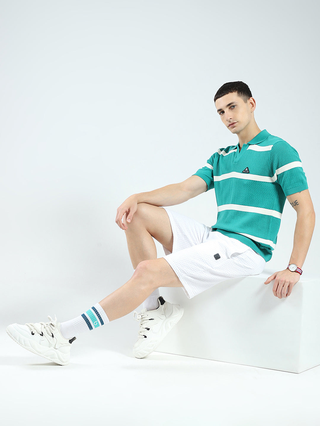 Rock.it Men Green Stripe Collar Half Sleeve T-Shirt