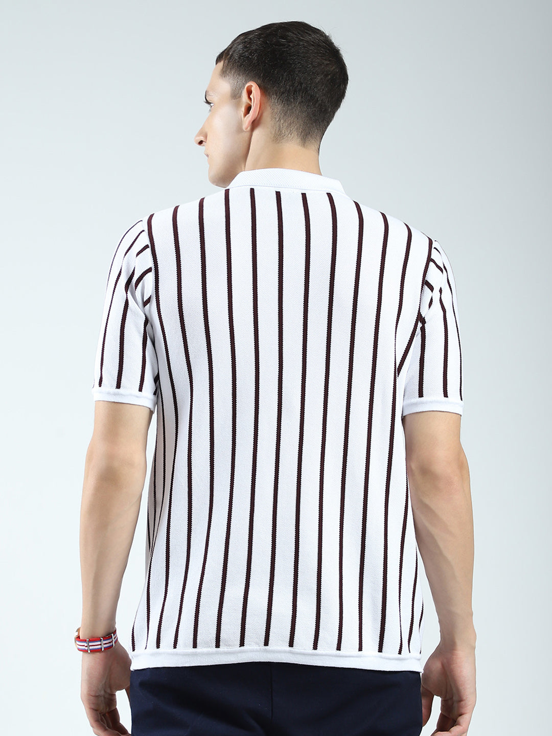 Rock.it Men White Stripe Collar Half Sleeve T-Shirt