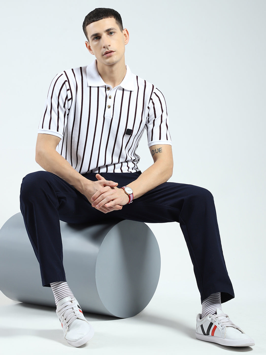 Rock.it Men White Stripe Collar Half Sleeve T-Shirt