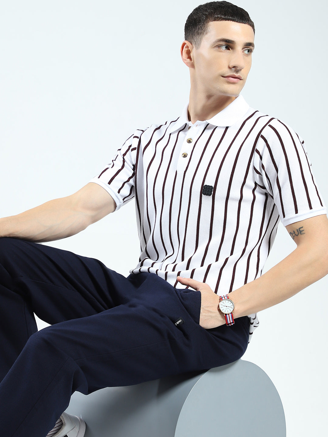 Rock.it Men White Stripe Collar Half Sleeve T-Shirt