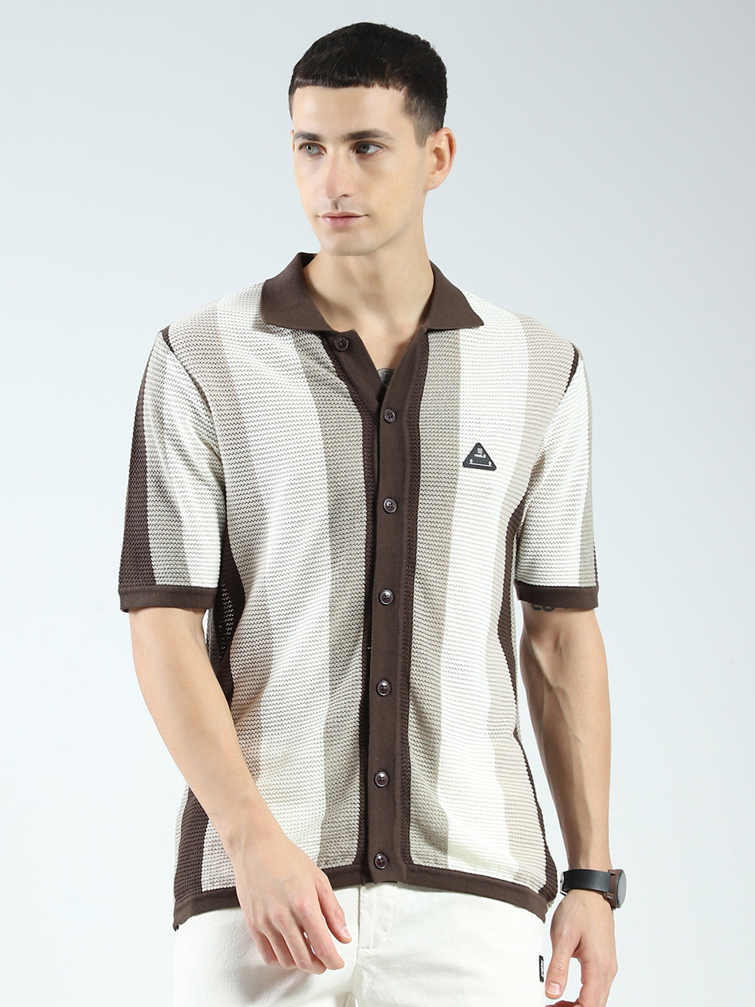Rock.it Men Brown Stripe Collar Half Sleeve Shirt