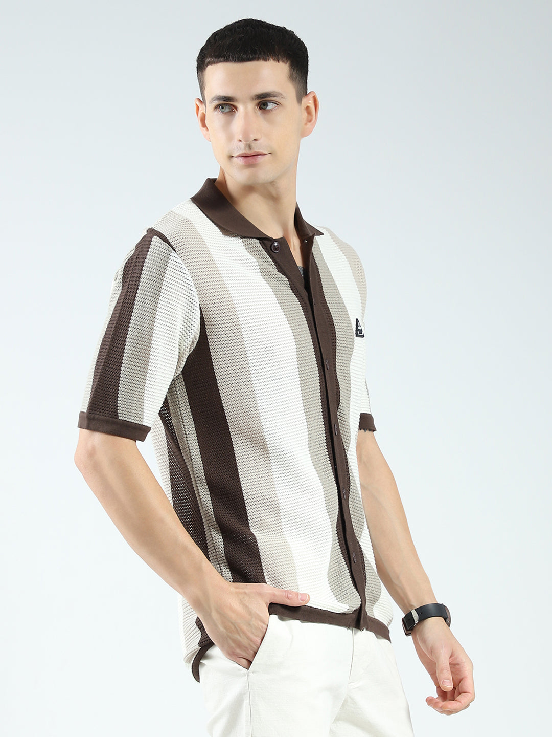 Rock.it Men Brown Stripe Collar Half Sleeve Shirt