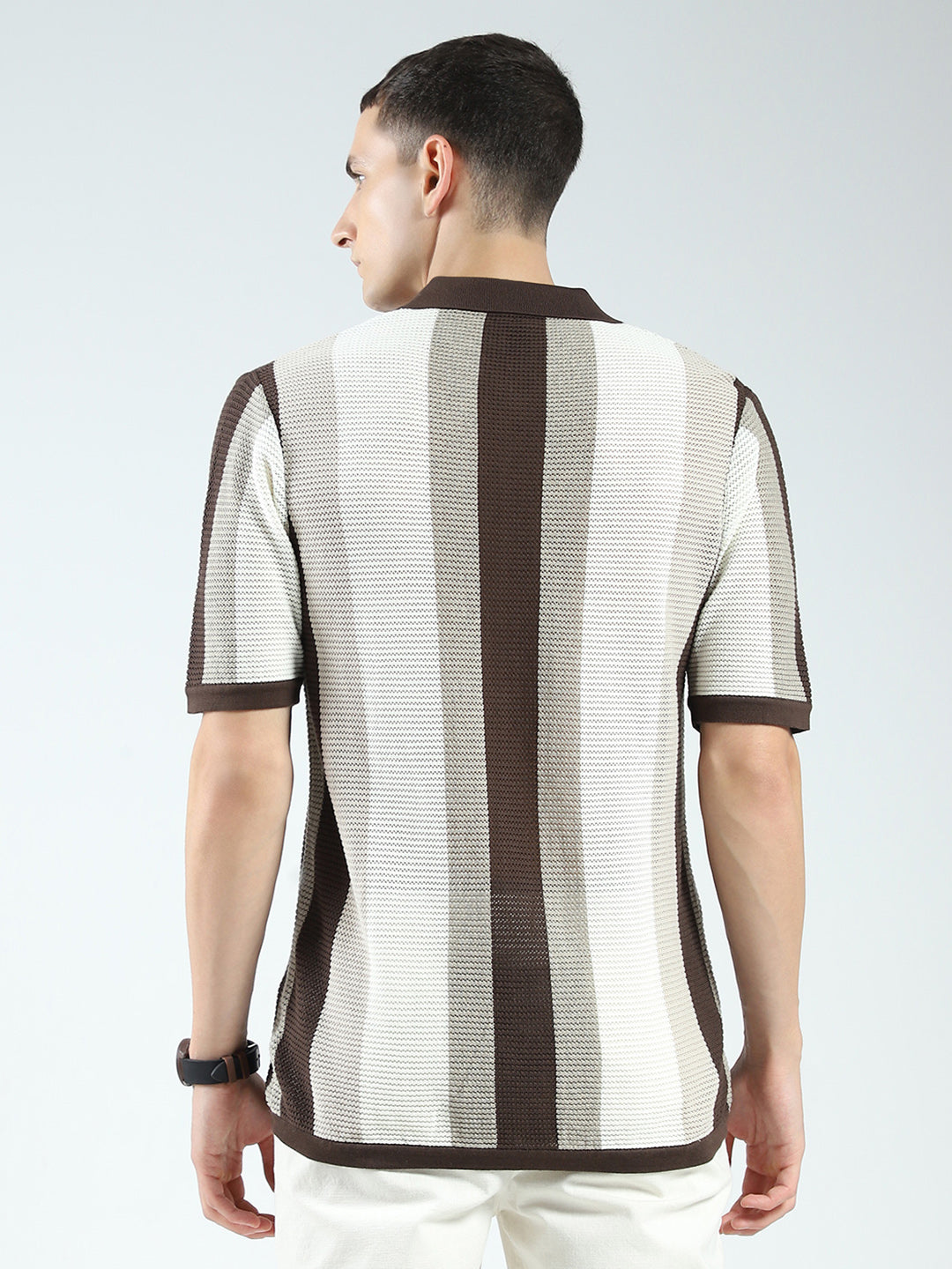 Rock.it Men Brown Stripe Collar Half Sleeve Shirt