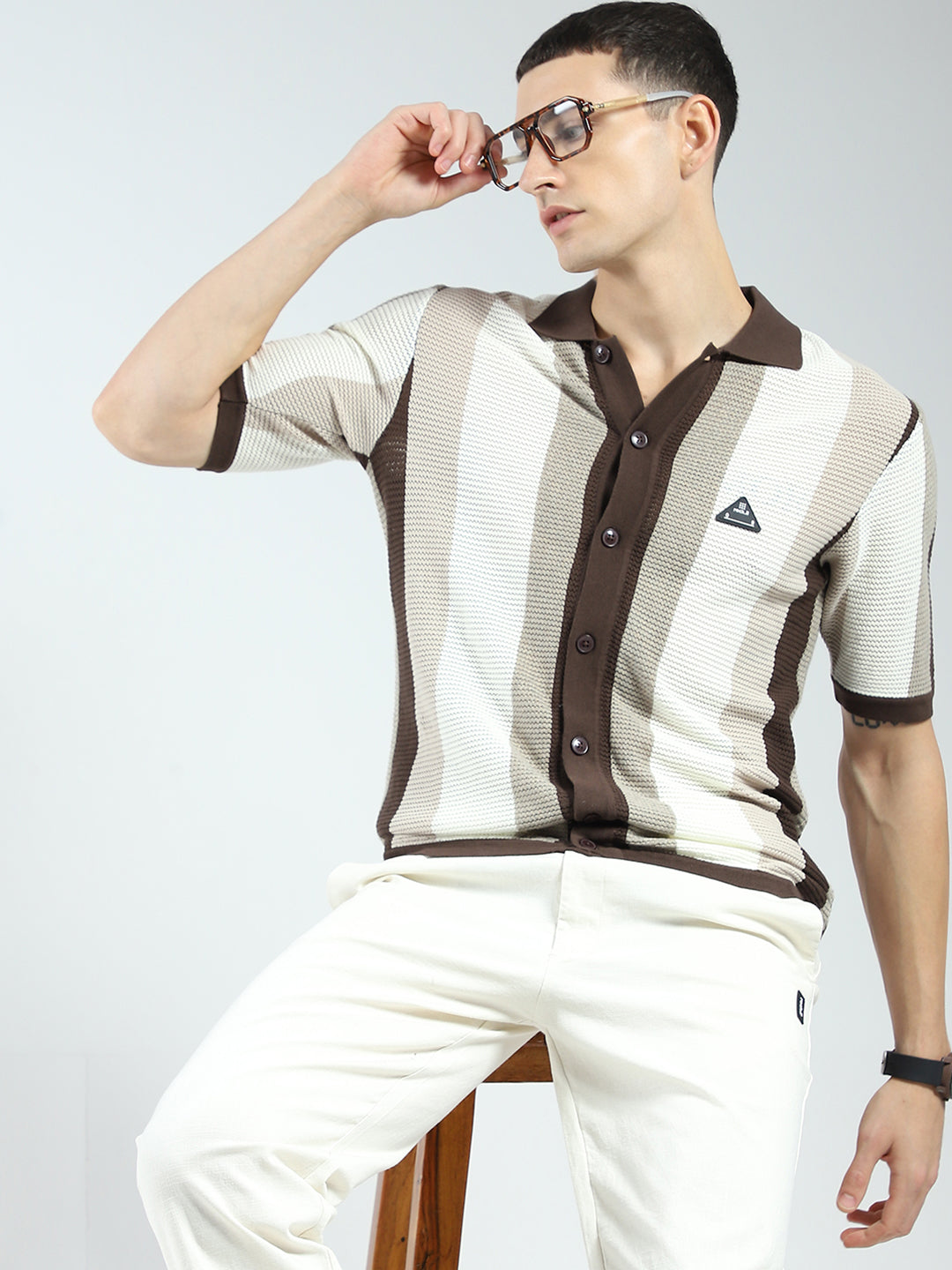 Rock.it Men Brown Stripe Collar Half Sleeve Shirt