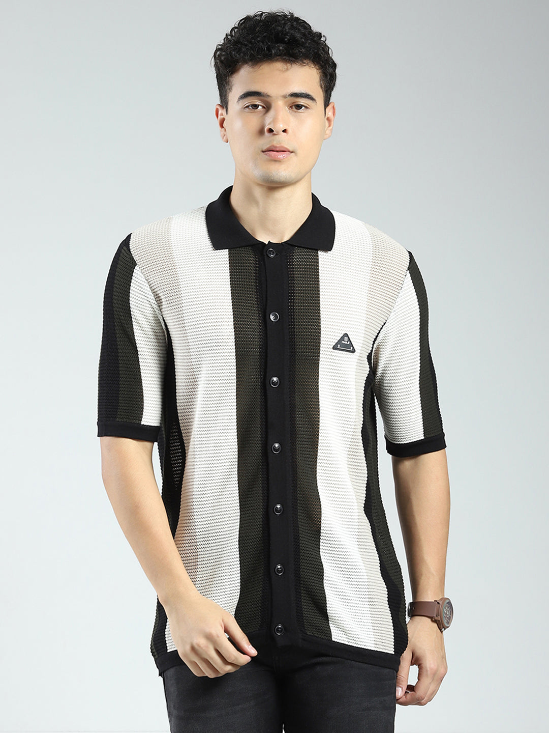 Rock.it Men Black Stripe Collar Half Sleeve Shirt