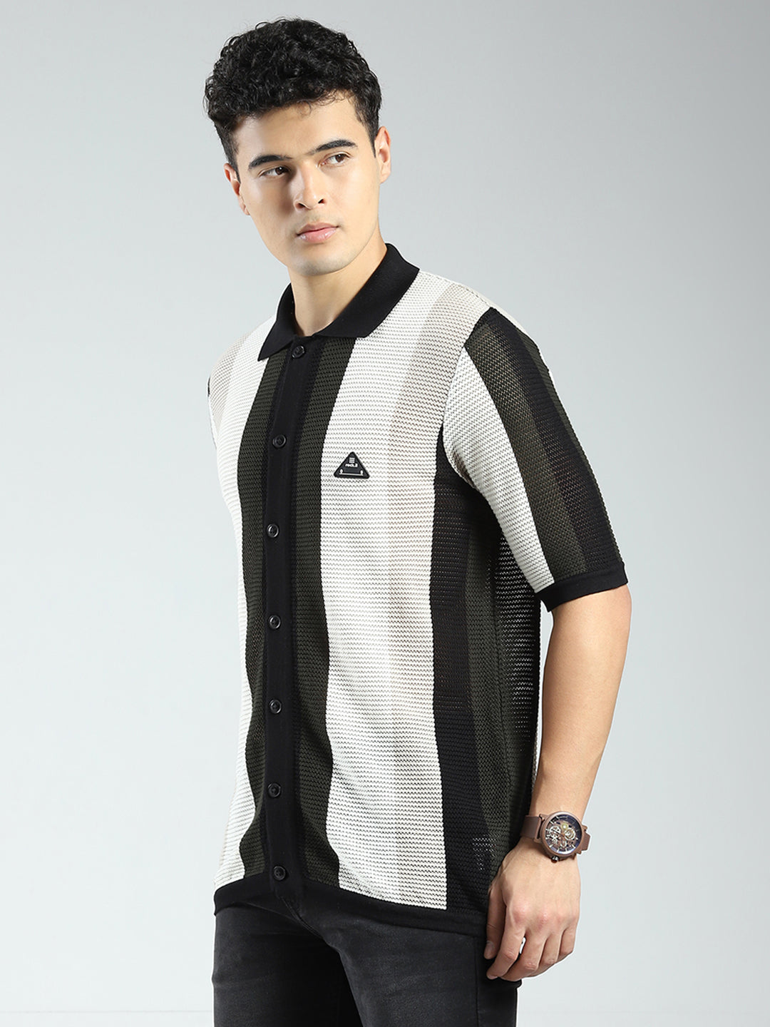 Rock.it Men Black Stripe Collar Half Sleeve Shirt