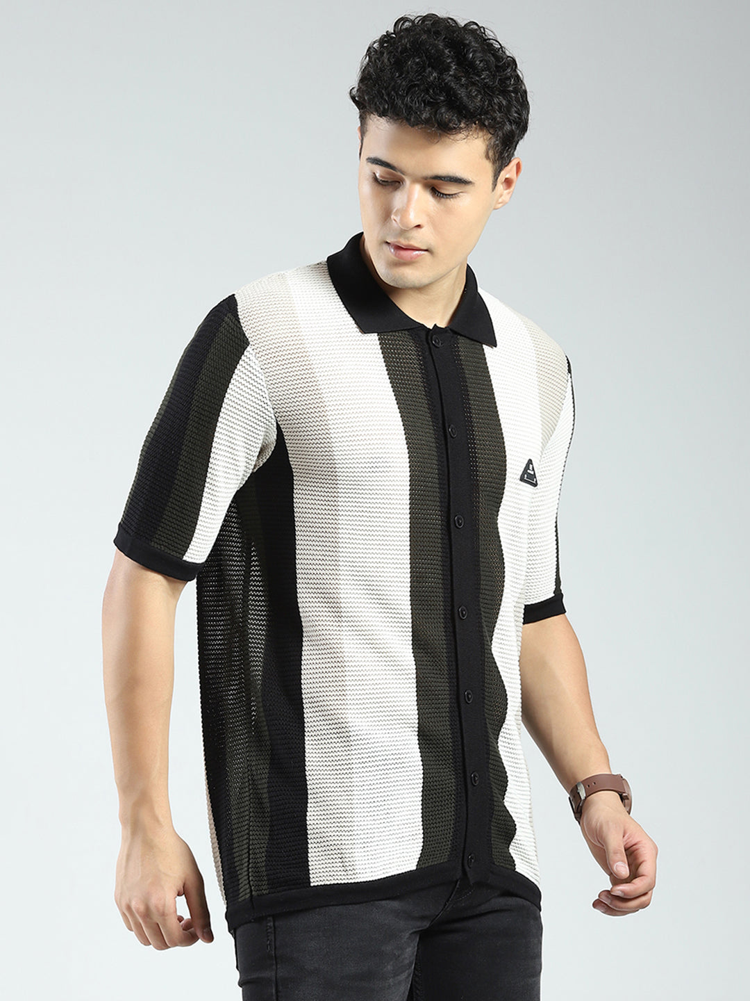 Rock.it Men Black Stripe Collar Half Sleeve Shirt