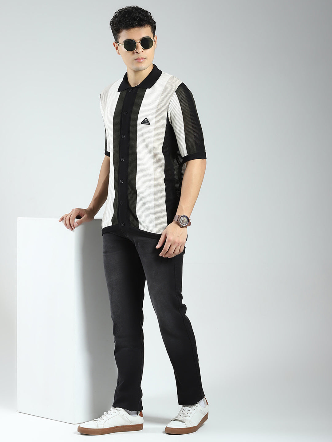 Rock.it Men Black Stripe Collar Half Sleeve Shirt