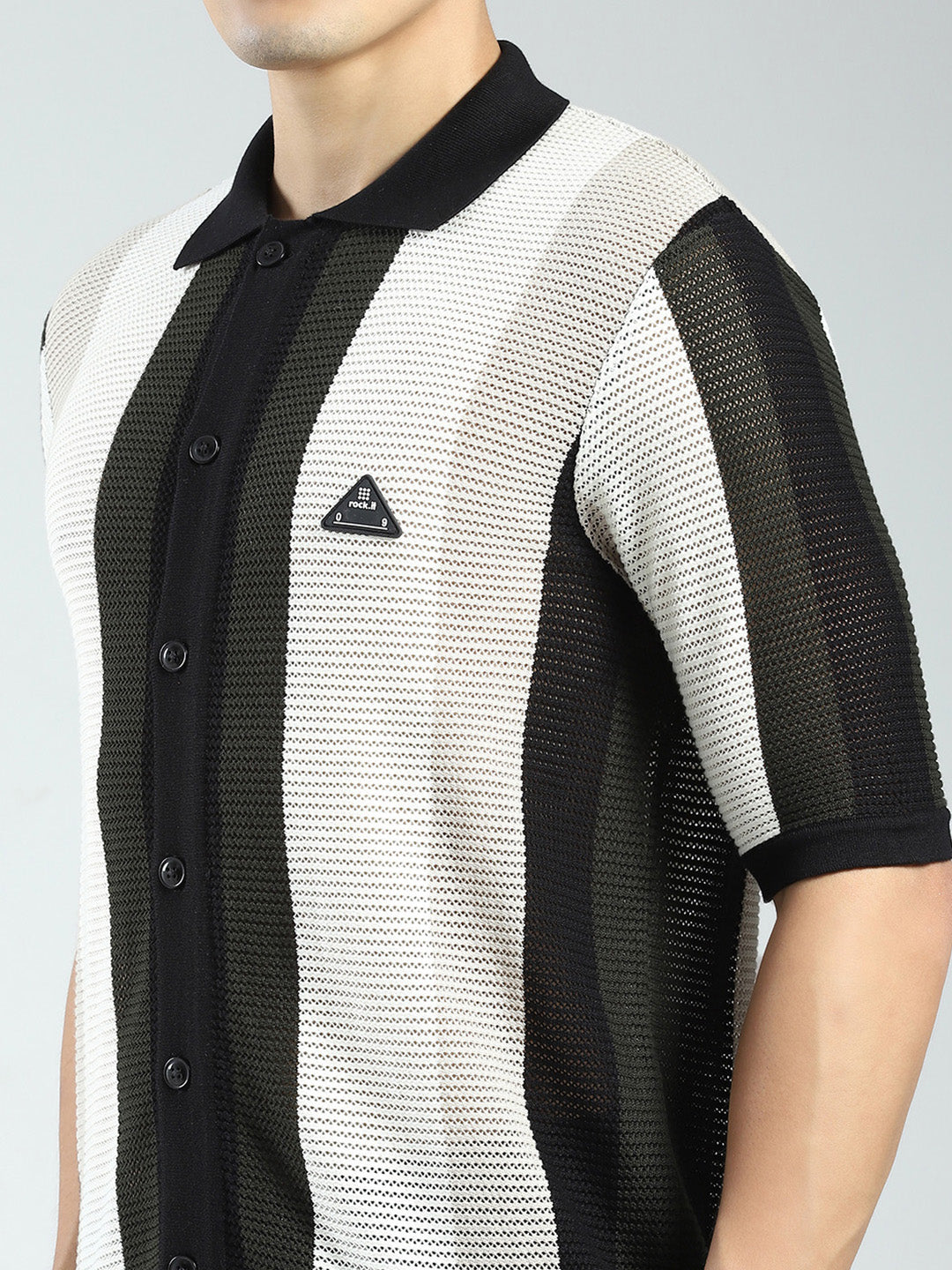 Rock.it Men Black Stripe Collar Half Sleeve Shirt