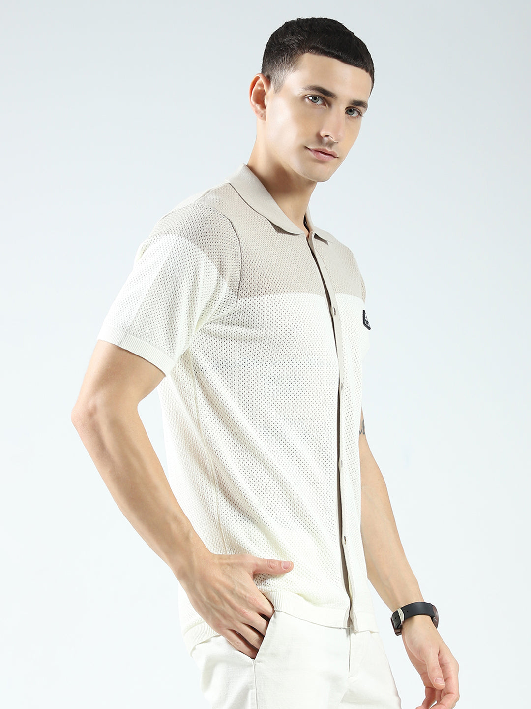Rock.it Men Beige Self Design Collar Half Sleeve Shirt